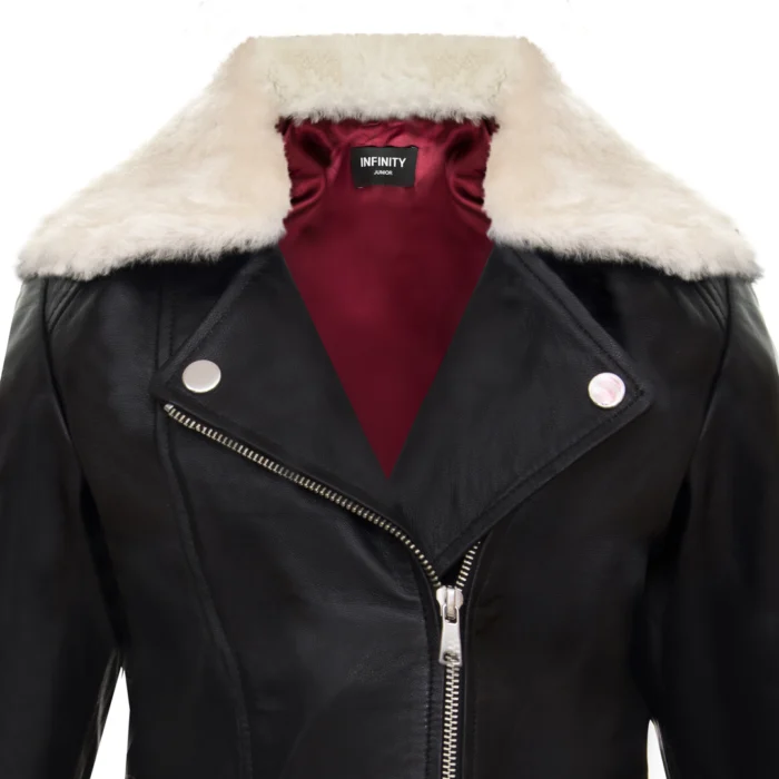 Girls Kids Real leather Biker Style Jacket Cross Zip Black Fur Collar Age 1 - 13 - Image 8
