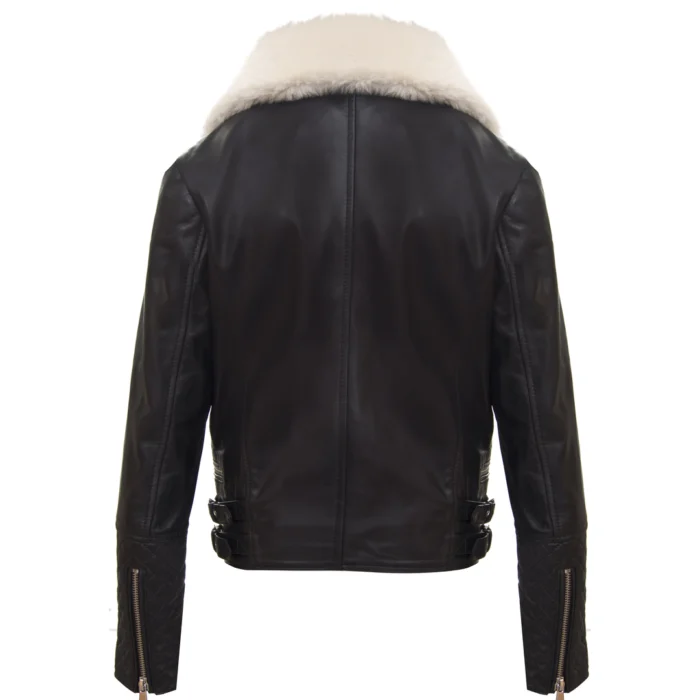 Girls Kids Real leather Biker Style Jacket Cross Zip Black Fur Collar Age 1 - 13 - Image 7