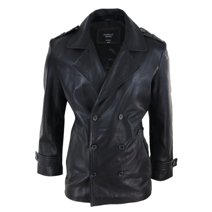 Mens Real Leather 3/4 Double Breasted Pea Coat Sherlock Brown Sailor Classic - Image 1