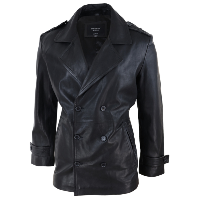 Mens Real Leather 3/4 Double Breasted Pea Coat Sherlock Brown Sailor Classic - Image 2
