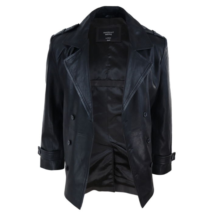 Mens Real Leather 3/4 Double Breasted Pea Coat Sherlock Brown Sailor Classic - Image 4