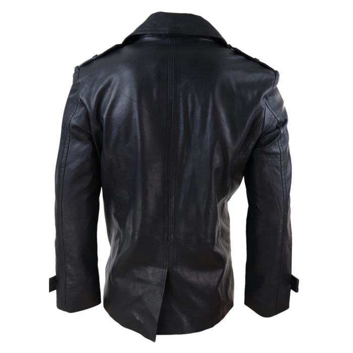 Mens Real Leather 3/4 Double Breasted Pea Coat Sherlock Brown Sailor Classic - Image 3