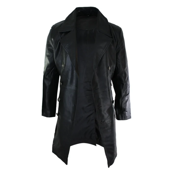 Mens Long 3/4 Black Real Leather German Generals Jacket Punk Rock Emo - Image 3