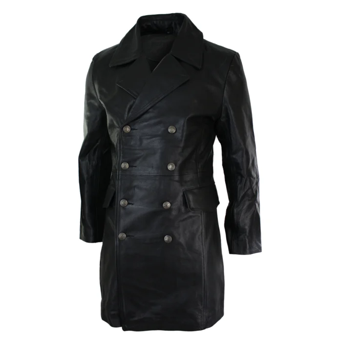 Mens Long 3/4 Black Real Leather German Generals Jacket Punk Rock Emo - Image 2