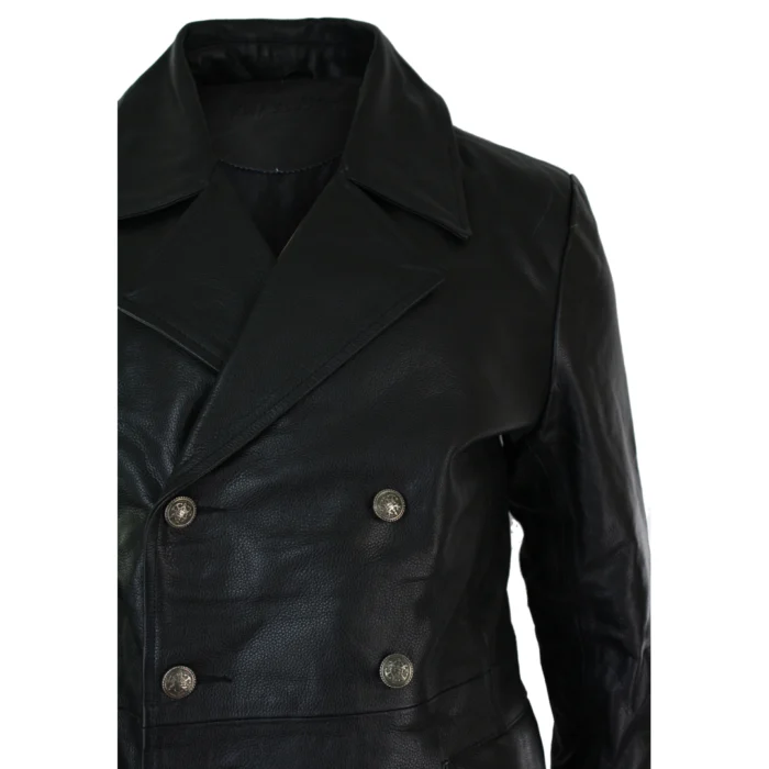 Mens Long 3/4 Black Real Leather German Generals Jacket Punk Rock Emo - Image 4