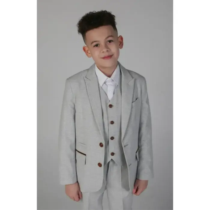 Boys Grey Stone 3 Piece Tweed Check Suit Wedding - Image 1