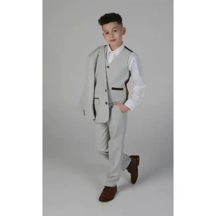 Boys Grey Stone 3 Piece Tweed Check Suit Wedding - Image 3