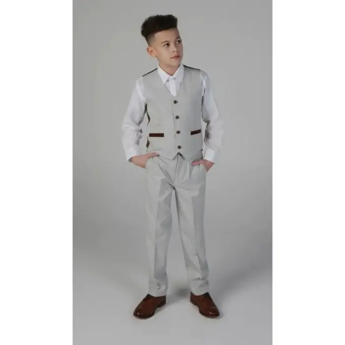 Boys Grey Stone 3 Piece Tweed Check Suit Wedding - Image 4