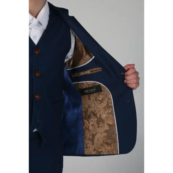 Boys Blue 3 Piece Suit Classic Birdseye Wedding - Image 5