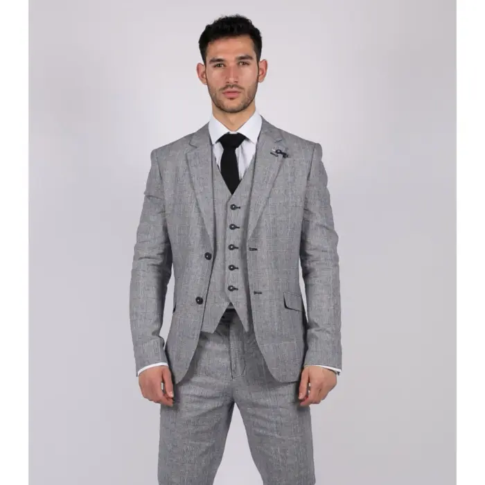 Mens 3 Piece Summer Suit Grey Check Blue Black Tailored Fit Classic Wedding Formal - Image 1