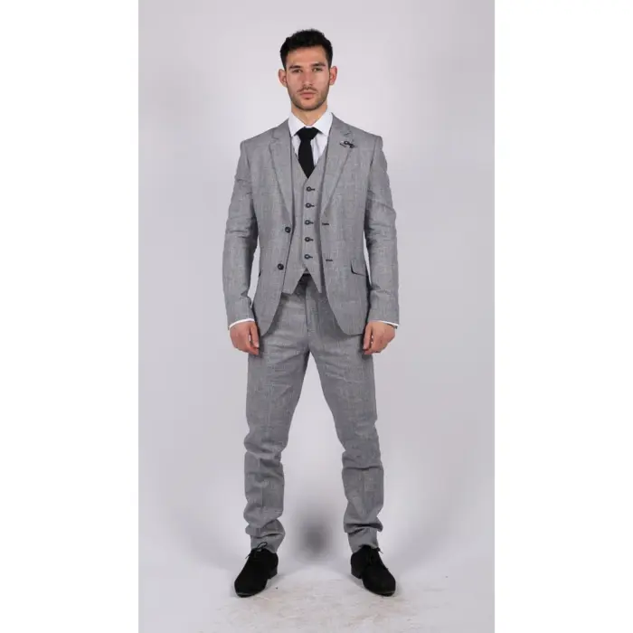 Mens 3 Piece Summer Suit Grey Check Blue Black Tailored Fit Classic Wedding Formal - Image 2
