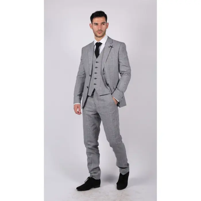 Mens 3 Piece Summer Suit Grey Check Blue Black Tailored Fit Classic Wedding Formal - Image 3