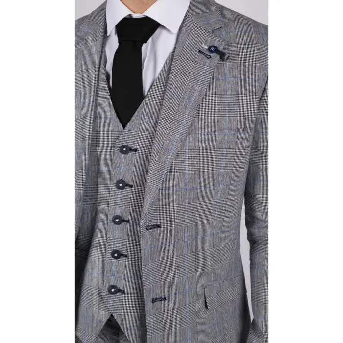 Mens 3 Piece Summer Suit Grey Check Blue Black Tailored Fit Classic Wedding Formal - Image 4