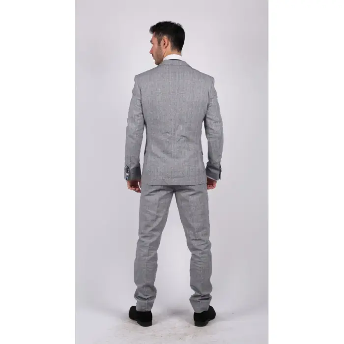 Mens 3 Piece Summer Suit Grey Check Blue Black Tailored Fit Classic Wedding Formal - Image 7
