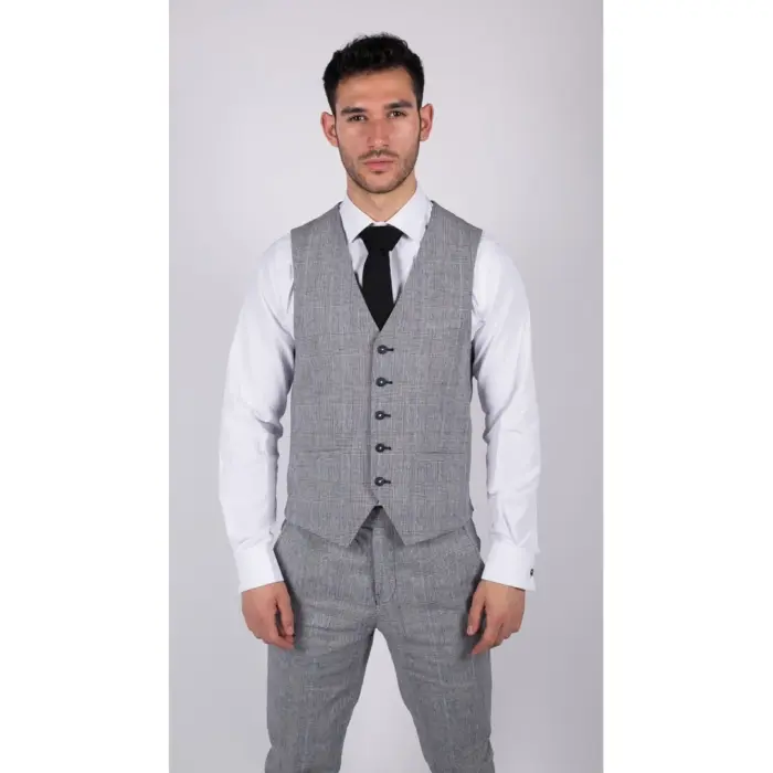 Mens 3 Piece Summer Suit Grey Check Blue Black Tailored Fit Classic Wedding Formal - Image 5