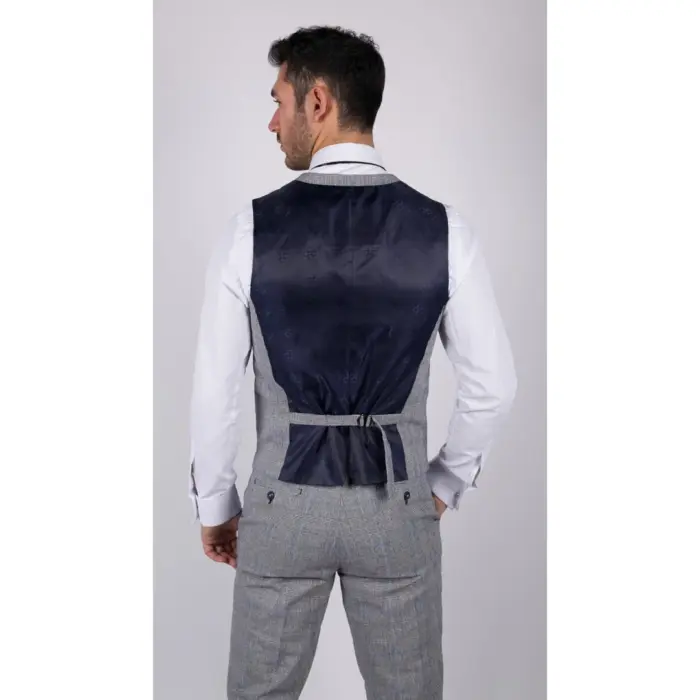 Mens 3 Piece Summer Suit Grey Check Blue Black Tailored Fit Classic Wedding Formal - Image 6