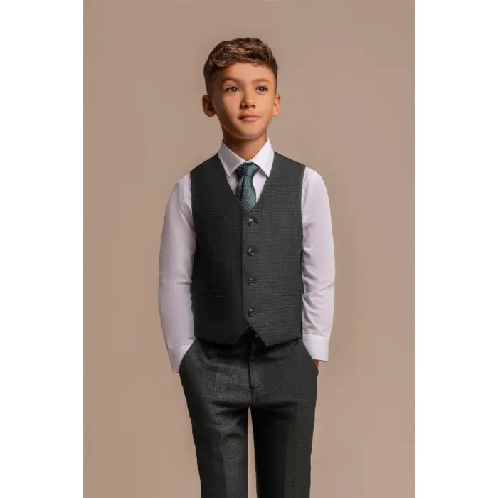 Boys 3 Piece Olive Green Check Suit Tweed Tailored Fit Wedding - Image 5