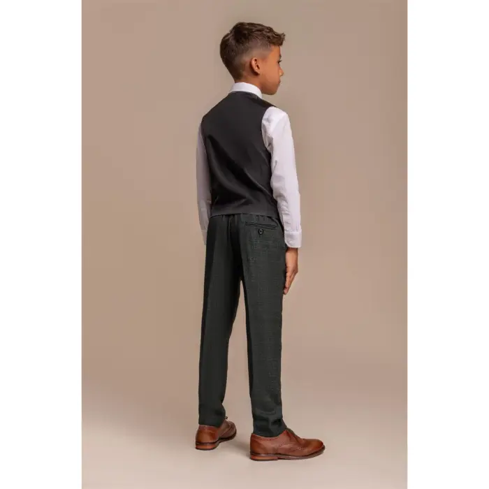 Boys 3 Piece Olive Green Check Suit Tweed Tailored Fit Wedding - Image 4