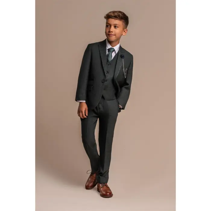 Boys 3 Piece Olive Green Check Suit Tweed Tailored Fit Wedding - Image 3