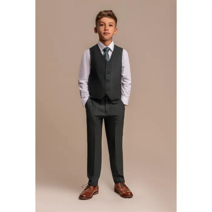 Boys 3 Piece Olive Green Check Suit Tweed Tailored Fit Wedding - Image 2