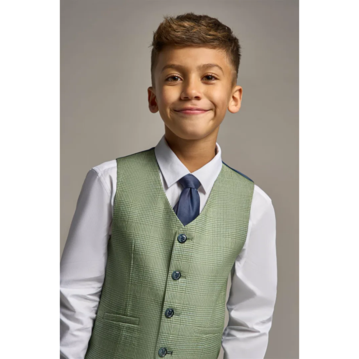 Boys 3 Piece Sage Green Check Suit Tweed Tailored Fit Wedding - Image 8