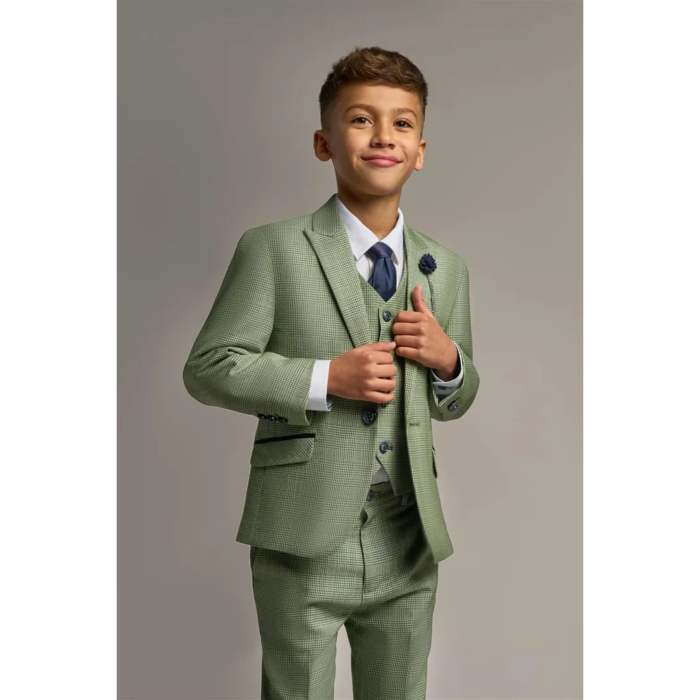 Boys 3 Piece Sage Green Check Suit Tweed Tailored Fit Wedding - Image 1