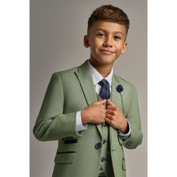 Boys 3 Piece Sage Green Check Suit Tweed Tailored Fit Wedding - Image 6