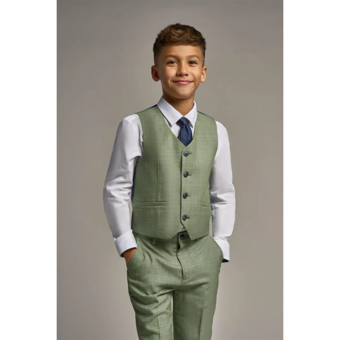 Boys 3 Piece Sage Green Check Suit Tweed Tailored Fit Wedding - Image 4