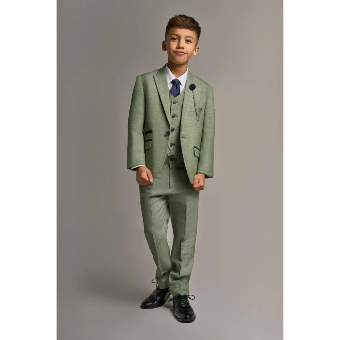 Boys 3 Piece Sage Green Check Suit Tweed Tailored Fit Wedding - Image 2