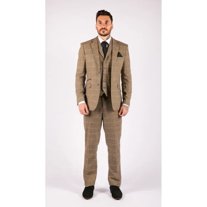 Mens 3 Piece Classic Tweed Herringbone Check Tan Brown Slim Fit Vintage Suit - Image 2