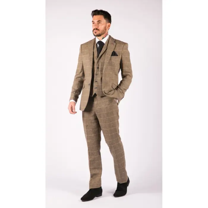 Mens 3 Piece Classic Tweed Herringbone Check Tan Brown Slim Fit Vintage Suit - Image 4