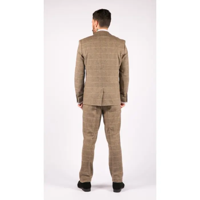 Mens 3 Piece Classic Tweed Herringbone Check Tan Brown Slim Fit Vintage Suit - Image 8