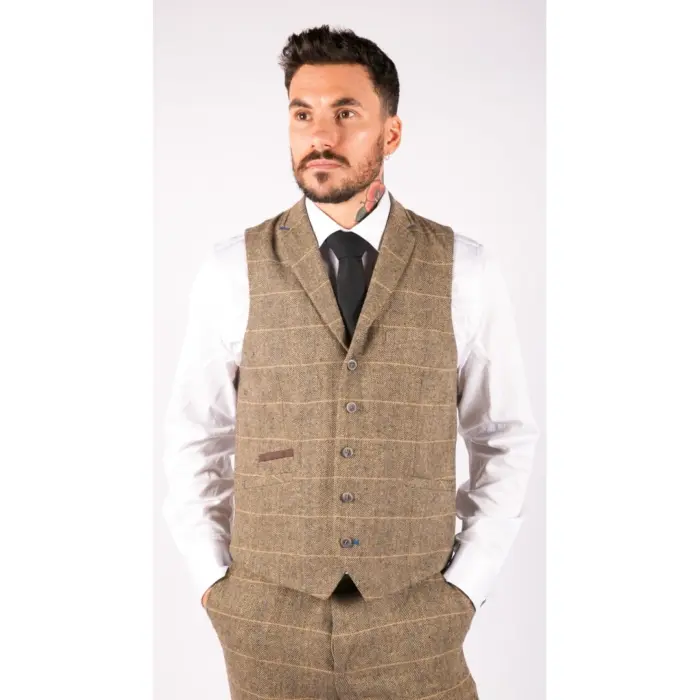Mens 3 Piece Classic Tweed Herringbone Check Tan Brown Slim Fit Vintage Suit - Image 6