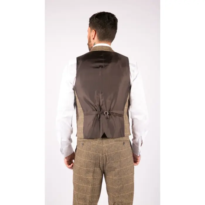 Mens 3 Piece Classic Tweed Herringbone Check Tan Brown Slim Fit Vintage Suit - Image 7
