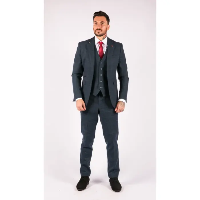 Mens 3 Piece Navy Blue Suit Tweed Check 1920's Tailored Fit Vintage - Image 2