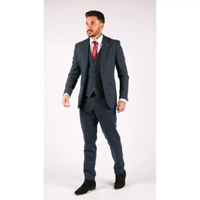 Mens 3 Piece Navy Blue Suit Tweed Check 1920's Tailored Fit Vintage - Image 3