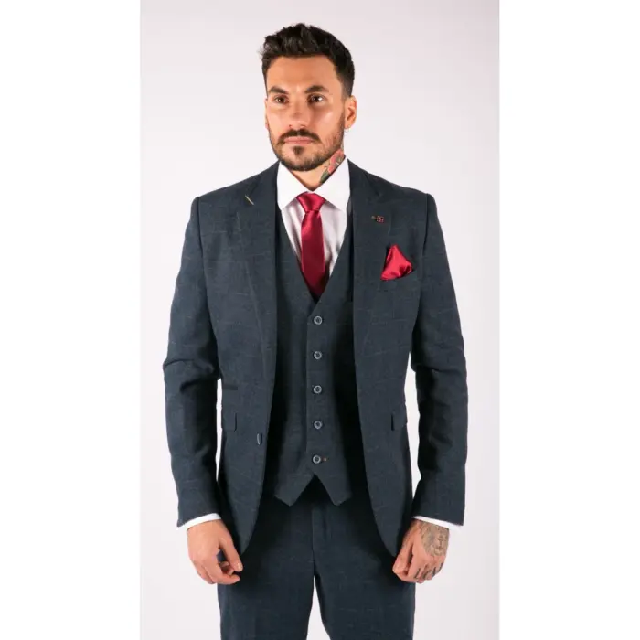 Mens 3 Piece Navy Blue Suit Tweed Check 1920's Tailored Fit Vintage - Image 1