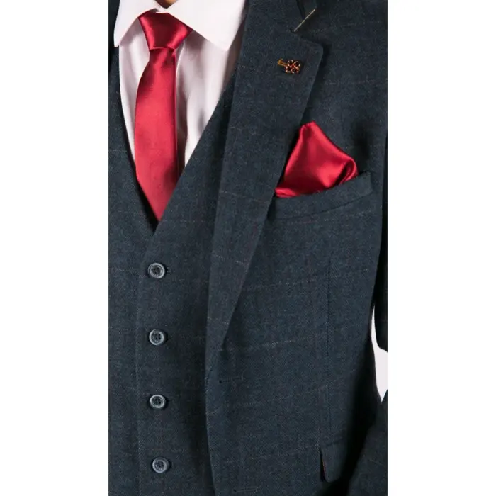 Mens 3 Piece Navy Blue Suit Tweed Check 1920's Tailored Fit Vintage - Image 4