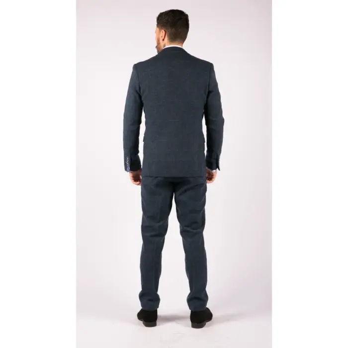 Mens 3 Piece Navy Blue Suit Tweed Check 1920's Tailored Fit Vintage - Image 7