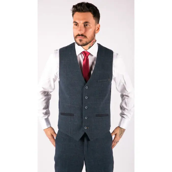 Mens 3 Piece Navy Blue Suit Tweed Check 1920's Tailored Fit Vintage - Image 5