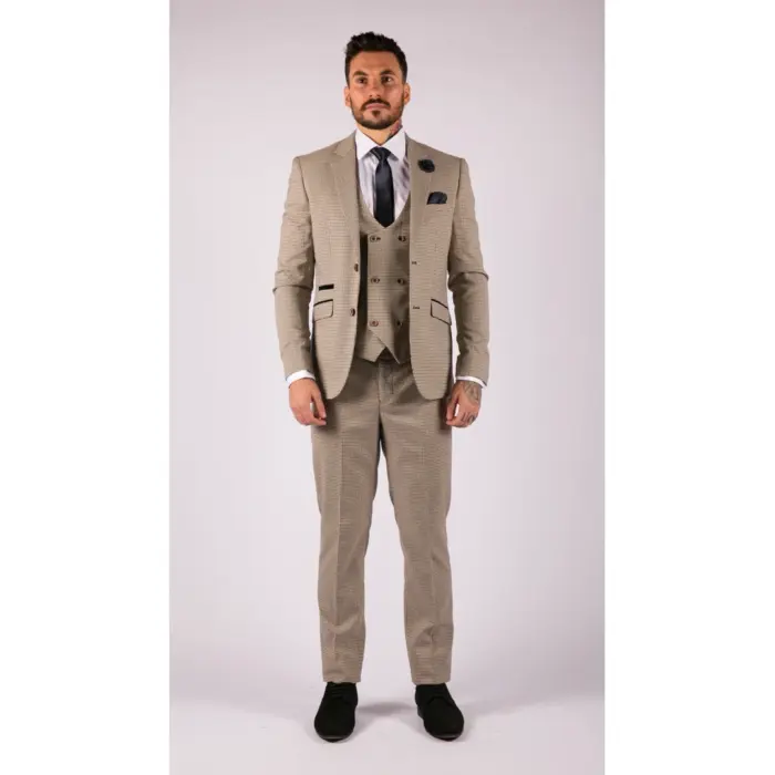 Mens Beige Navy Check Suit Vintage Classic Prince Of Wales Tailored Fit Wedding - Image 2