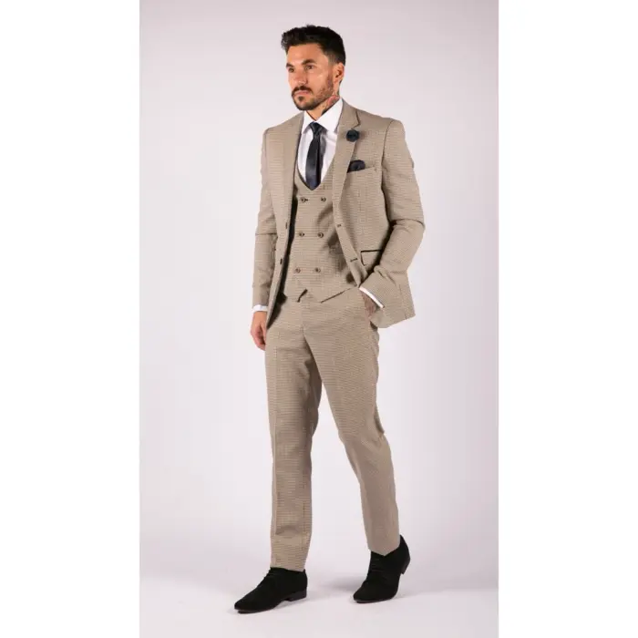 Mens Beige Navy Check Suit Vintage Classic Prince Of Wales Tailored Fit Wedding - Image 3