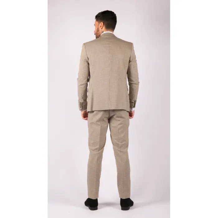 Mens Beige Navy Check Suit Vintage Classic Prince Of Wales Tailored Fit Wedding - Image 7