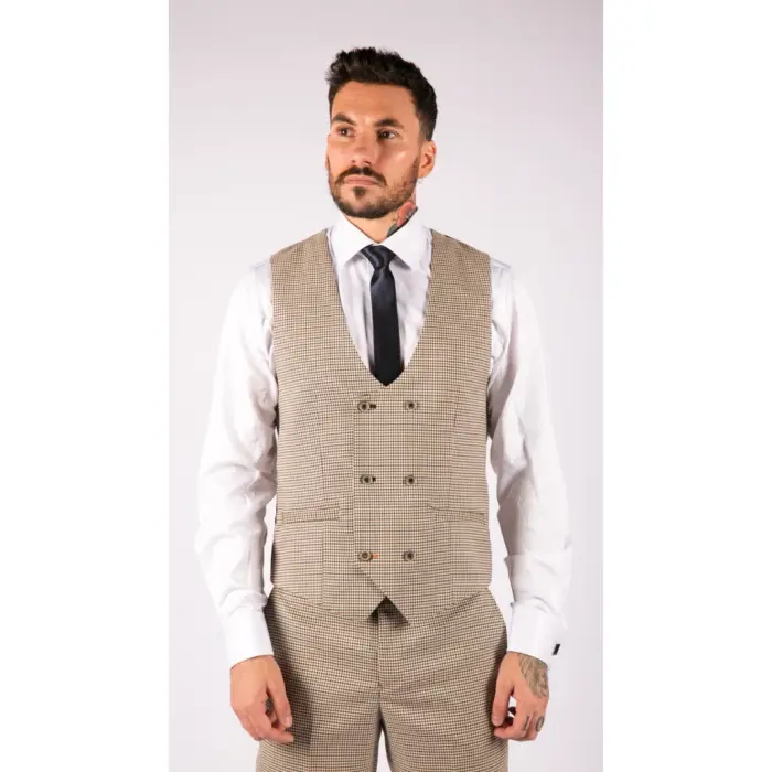 Mens Beige Navy Check Suit Vintage Classic Prince Of Wales Tailored Fit Wedding - Image 5