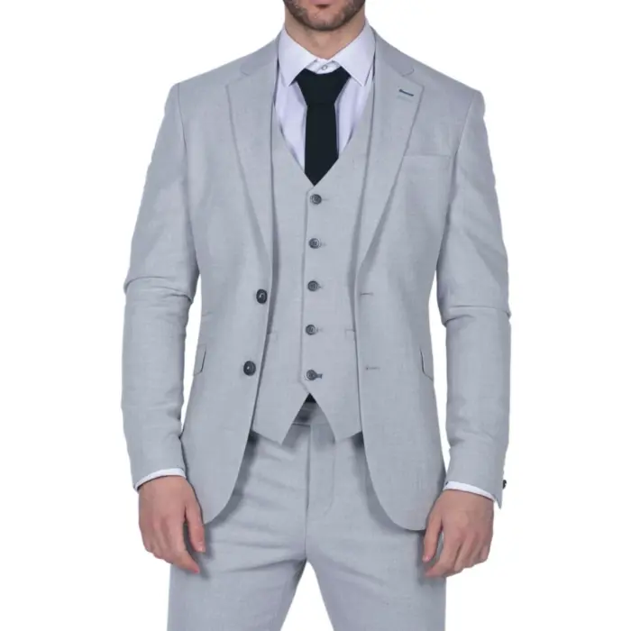 Mens Tweed Light Grey 3 Piece Suit Tailored Fit Classic Vintage 1920s Wedding - Image 1