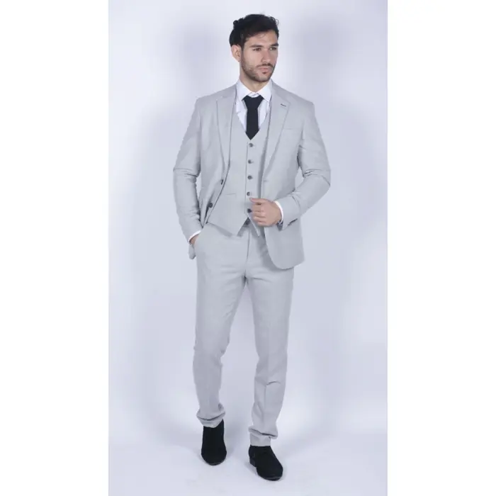Mens Tweed Light Grey 3 Piece Suit Tailored Fit Classic Vintage 1920s Wedding - Image 2