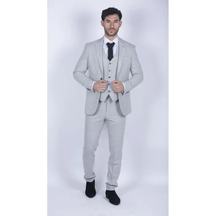 Mens Tweed Light Grey 3 Piece Suit Tailored Fit Classic Vintage 1920s Wedding - Image 3