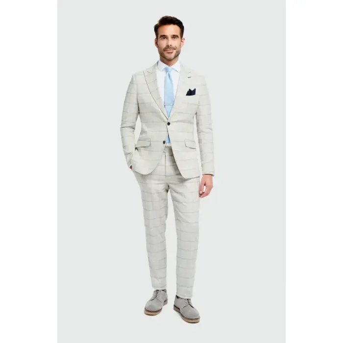 Men's Suit Grey 2 Piece Lightweight Linen Checked Formal Dress Suits - Image 2