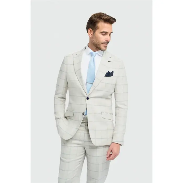 Men's Suit Grey 2 Piece Lightweight Linen Checked Formal Dress Suits - Image 1