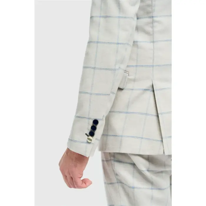 Men's Suit Grey 2 Piece Lightweight Linen Checked Formal Dress Suits - Image 4